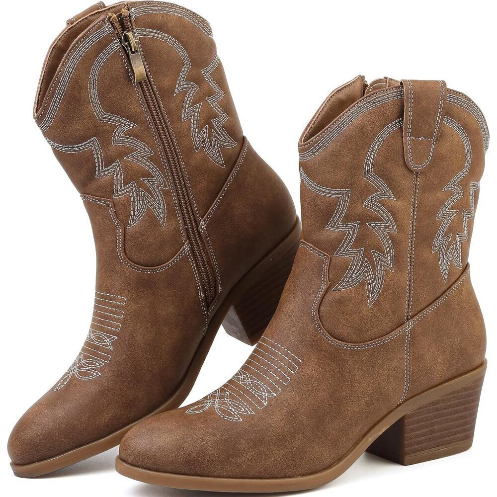 Todaysunny Women Brown Western Femme Cowboy Calf Ankle Booties With Side Zip - Picture 5 of 5